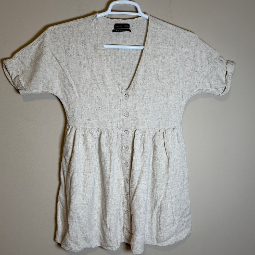 Urban Outfitters Babydoll Mini Dress Oatmeal Linen Blend Button Front Pockets XS
